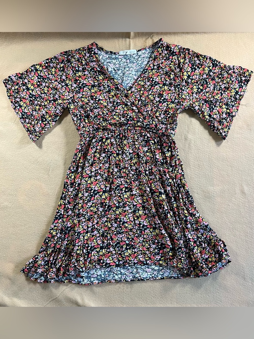Rewind Women’s Floral Wrap Dress Black Pink Blue Short Sleeve Size L Boho